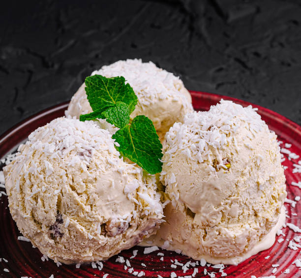 Delicious coconut ice cream served on a rustic plate garnished with mint leaves
