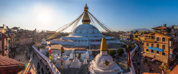 istock Kathmandu Buddhist stupa prayer flags Boudhanath monastery sunset panorama Nepal 2200591221