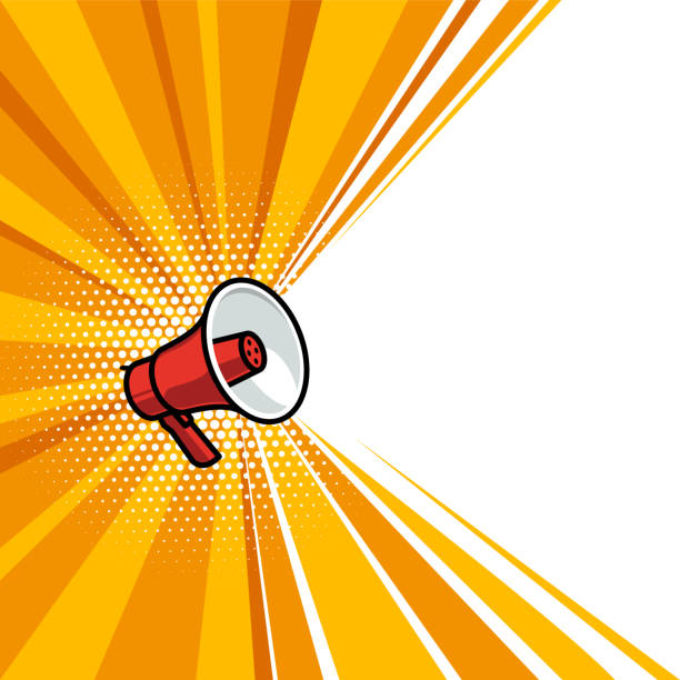 Outlined and Red Colored Megaphone on Yellow Colors Glowing Background. Megaphone Design Clipart, Design Element Related to Promotion, Broadcast or Advertising.