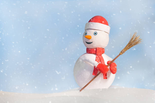 istock snowman in red clothes with broom 2200592445