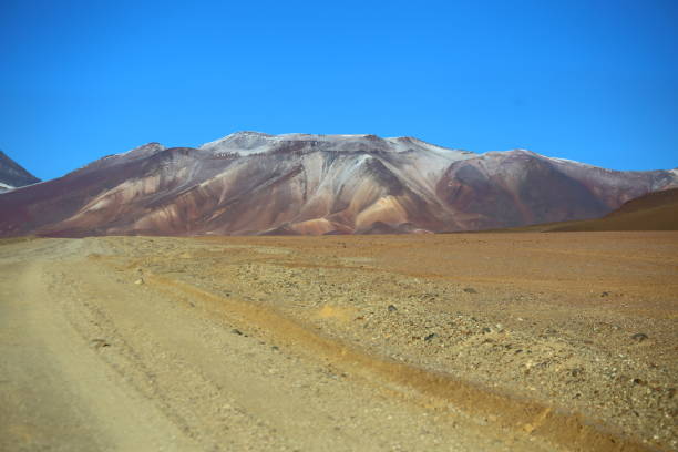 Dirty road on arid desertic plains, mountains multicoloted under clear blue sky