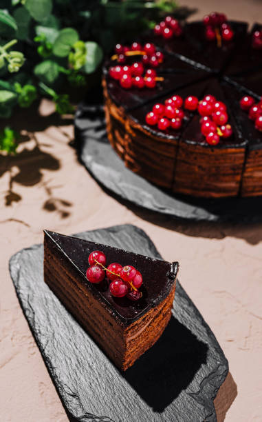 istock Delicious chocolate cake slice with red berries served on a slate platter alongside a cup of tea 2200592986