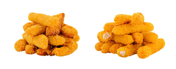 istock Crispy golden chicken strips stacked on a white background ready for serving or enjoying at a casual meal 2200593566