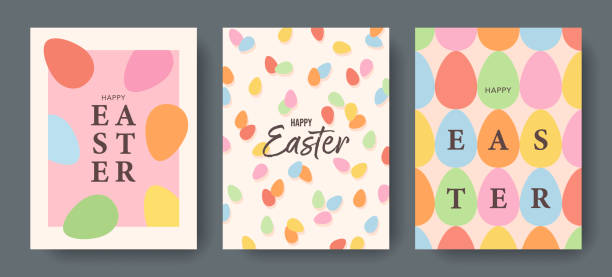 Happy Easter cards set with colorful eggs and typography. Abstract geometric design for spring holiday. Trendy vector backgrounds for social media, print, poster, banner, ads, cover, invitation