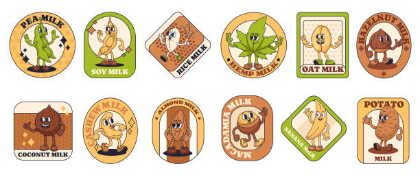Groovy cartoon alternative milk label stickers. Plant based milk mascot characters in retro rubber hose style. Beverage branding packaging illustrations vector set.