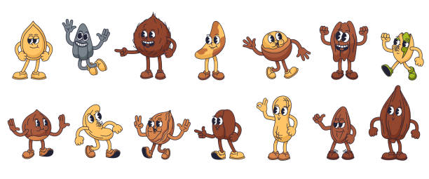 Retro nut mascot. Groovy nuts, happy beans and seeds characters in rubber hose cartoon animation style. Isolated vector illustrations set.