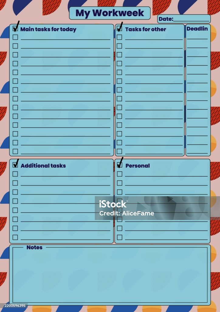 Weekly Task Work Planner With Checklist And Notes Section Stock ...