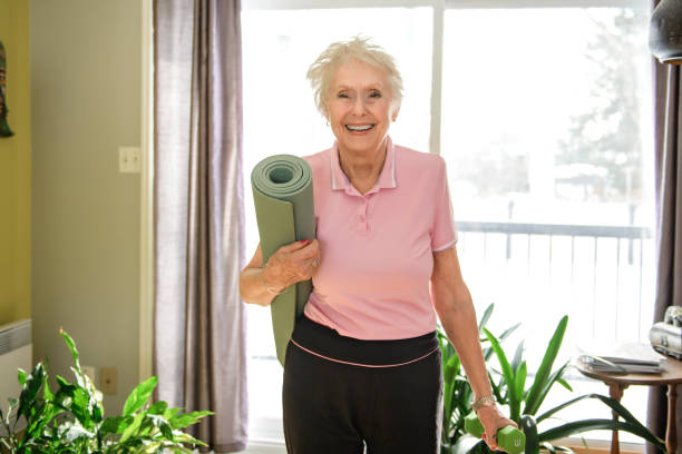 istock Portrait of nice senior training at home 2200601204