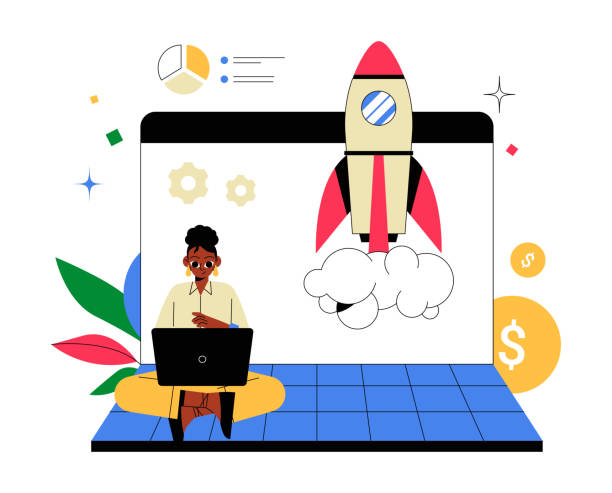 istock Startup Profit With Businesswoman And Rocket Launch On Screen In Flat Vector Illustration Symbolizing Business Growth, Success, And Entrepreneurship, Isolated On White Background 2200608245