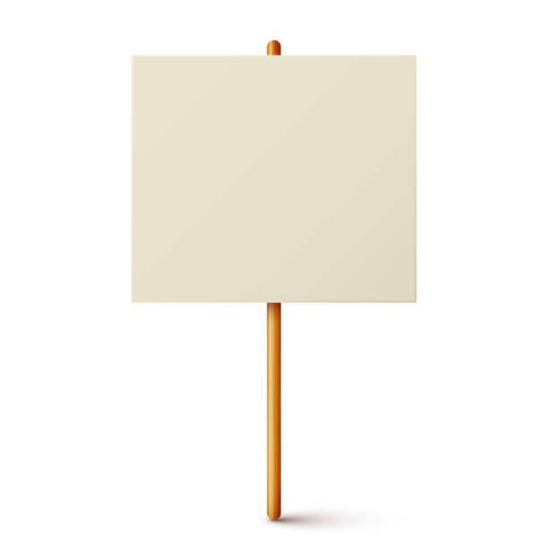 istock Blank colorful protest sign with wooden holder. Demonstration banner. Strike action cardboard placard mockup. Social advertisement. Vector illustration 2200609887
