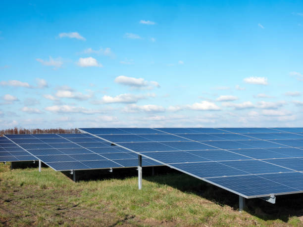 istock solar panel field under blue sky with fluffy clouds in dutch area near utrecht in holland 2200611308