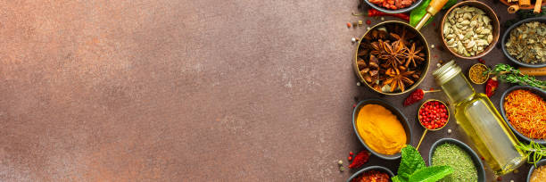 istock A visually striking arrangement of fresh spices and herbs on a brown surface, highlighting their vivid colors, intricate details, and rich culinary essence, banner 2200614107