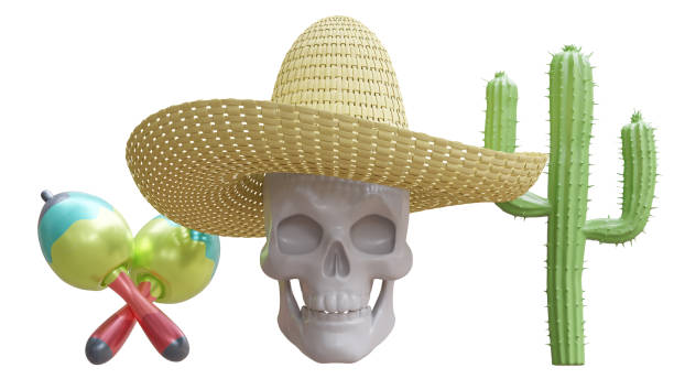 Mexican sombrero on a human skull, maracas and cactus isolated on white. 3d render