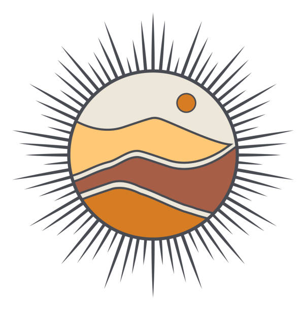 Vintage retro desert with sun icon. Ramadan Mubarak sticker with retro design, sunlight and desert. Vintage simple stylish illustration in boho style