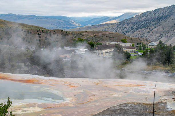 Looking down to the village of Mammoth in Yellowstone National Park from vantage point among the Hot Springs.