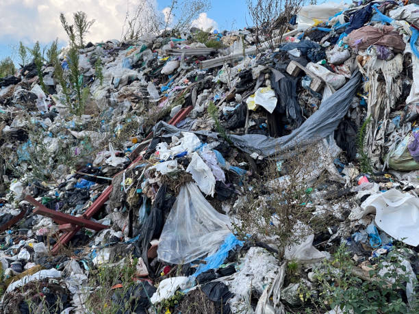 istock A large mound of mixed waste is visible, featuring plastics and fabrics amongst overgrown vegetation under a partly cloudy sky 2200638257