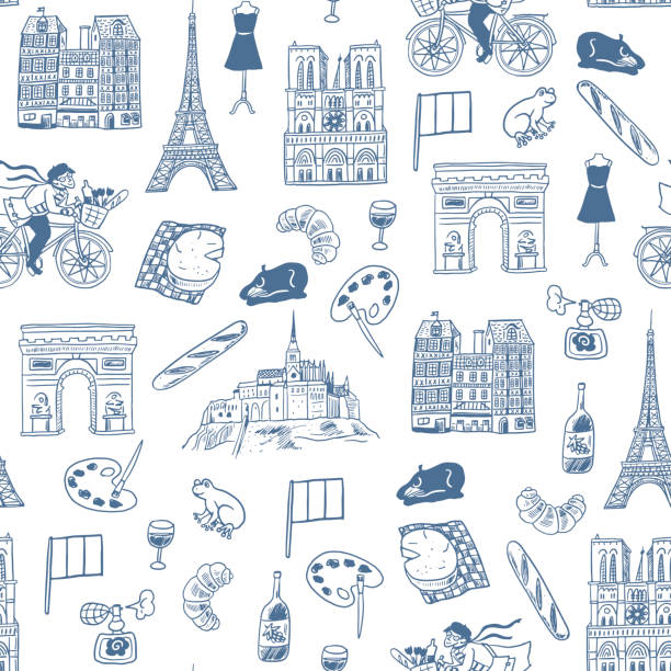 illustrations, cliparts, dessins animés et icônes de modèle sans couture d’icônes de doodle dessinées à la main de paris. - paris