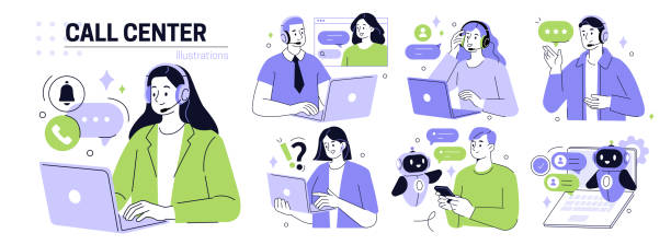 ilustraciones, imágenes clip art, dibujos animados e iconos de stock de conjunto de centros de llamadas - centro de llamadas