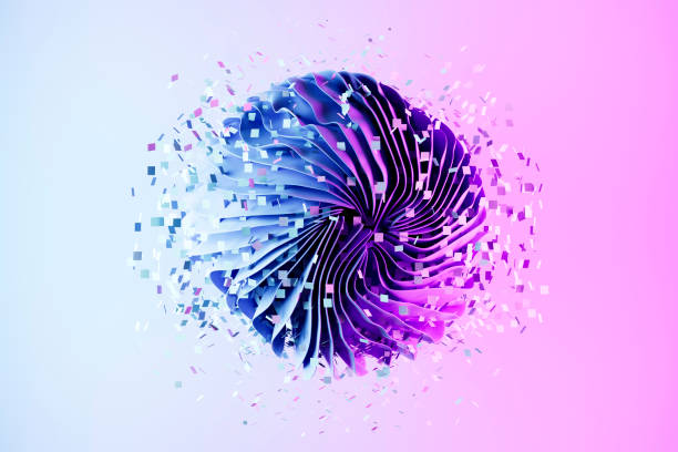 Abstract layered and wavy paper ball with neon lighting. Digitally generated image. 3d render.