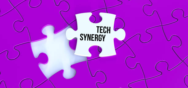 istock Tech Synergy text message on puzzle. White piece puzzle and purple background 3D rendering. 2200652362