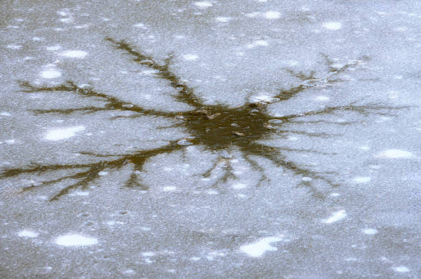 Half frozen lake in Winter, snow covered trees reflecting in the water, ice crystals in the foreground