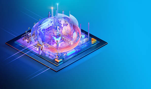 istock Industrial technology isometric concept. Digital globe integrated into a circuit board. 2200661009
