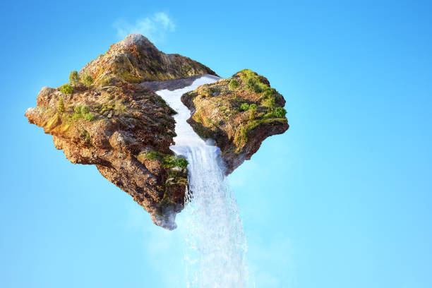Surreal flying green island isolated on blue sky with mountain, river stream, cascading waterfall. Rocky terrain, abstract isometric fantasy floating island design background. Ecology, environment conservation, wonder, fantasy 3D creative illustration