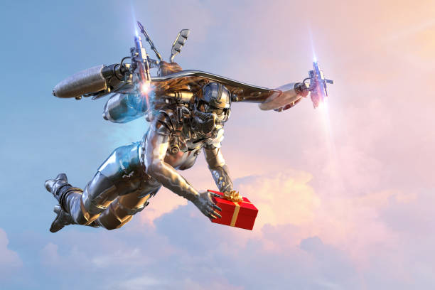 Futuristic courier robot with a jetpack flying through the sky, holding a gift box. Concept of advanced technology