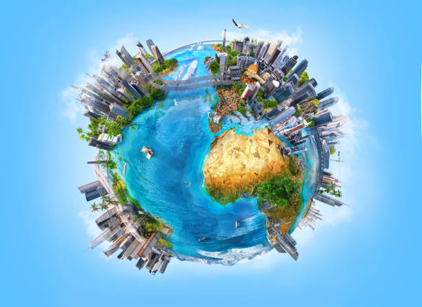 istock Futuristic 3D globe featuring modern cities, nature, and oceans 2200661359