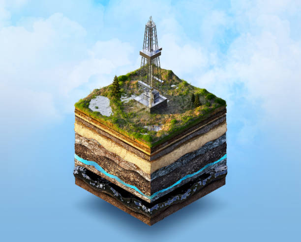Oil drilling, extraction 3D isometric illustration. Soil layers cross section