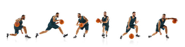 istock Creative collage. Young basketball player dribbling, sprinting, changing direction in dynamic motion against white studio background. 2200674280