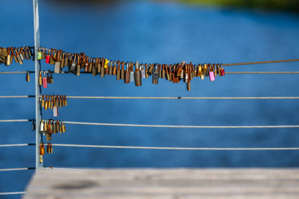 Padlocks hanging on a wire on a bridge symbolizing love.