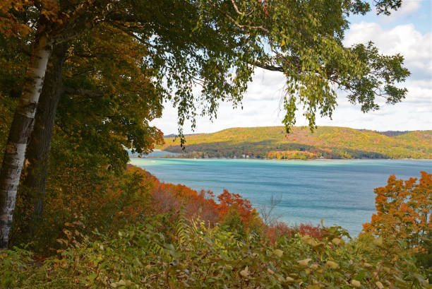 Landscape with Hudson River Palisades, Trees in Autumn Colors, Catskill Mountains, Hudson River and Blue Sky with Clouds in Background, Hudson Valley, New York, USA. Canon EF 70-200mm F/4L IS lens.