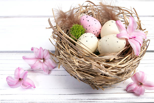 istock Easter nest with speckled eggs, moss and pink flowers. 2200693523