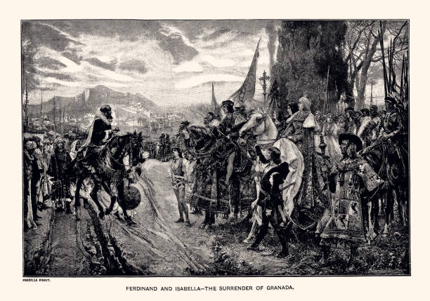 JANUARY 2, 1492 : FERDINAND AND ISABELLA : THE SURRENDER OF GRANADA. DEFEAT WHICH SIGNS THE END OF ISLAMIC DOMINATION IN THE IBERIAN PENINSULA xxxl Vintage etching circa late 19th century. Digital restoration by pictore. spanish soldier stock illustrations