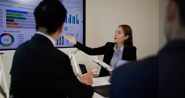istock Presentation in the meeting room with the analyst team utilizing charts to analyze financial data. Businesspeople analyze diagram data dashboard power display on the TV screen for strategic planning 2200702896