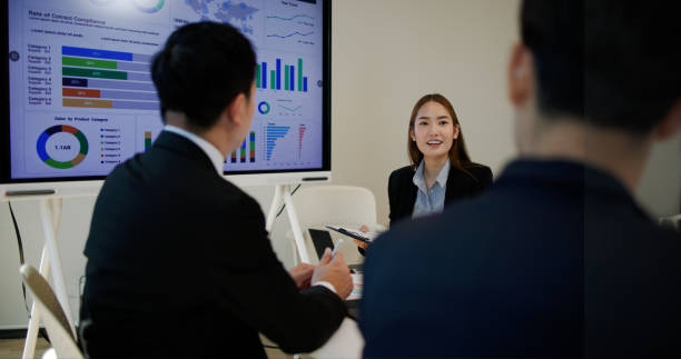 istock Presentation in the meeting room with the analyst team utilizing charts to analyze financial data. Businesspeople analyze diagram data dashboard power display on the TV screen for strategic planning 2200702898