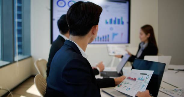 istock Presentation in the meeting room with the analyst team utilizing charts to analyze financial data. Businesspeople analyze diagram data dashboard power display on the TV screen for strategic planning 2200702902