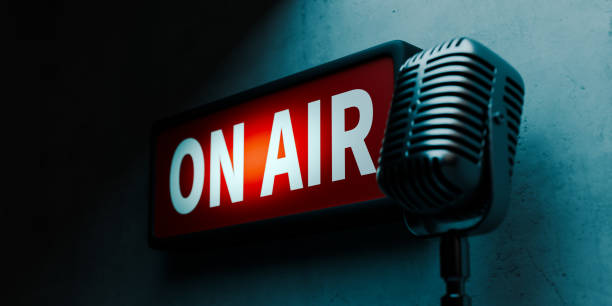 istock Live sign in a broadcast studio with the words on air.3d rendering 2200727249