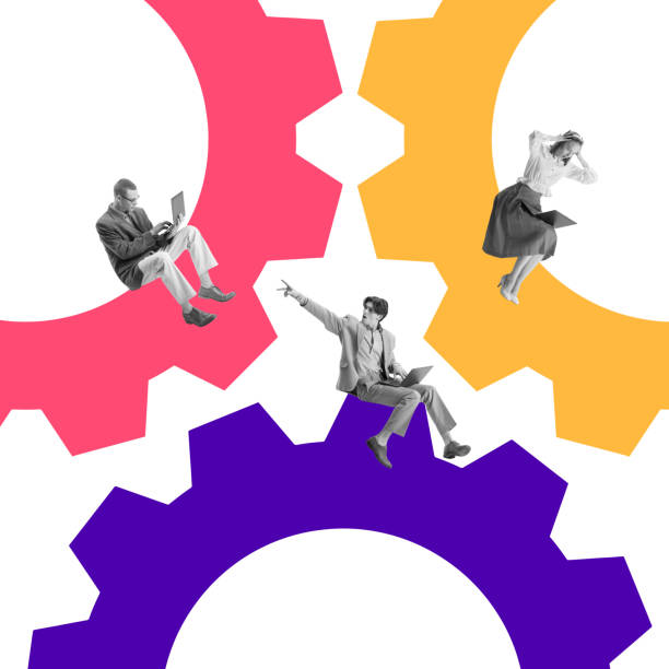istock Three employees interacting on colorful gears, depicting teamwork, leadership, and digital engagement in dynamic corporate structure. Conceptual design. 2200729282