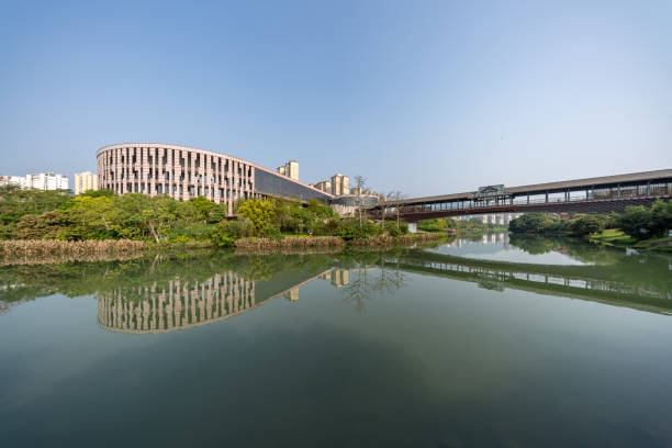 A sightseeing bridge and modern urban buildings by the lake