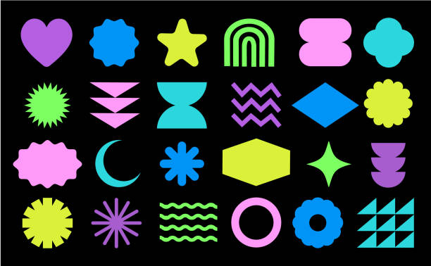 Vector illustration of a Set of Retro Brutalist geometric label shapes with 2000s style Y2K Style.  Different label shapes, rounded square, star, heart, circle, octagon. Download features vector EPS and high resolution jpg download.