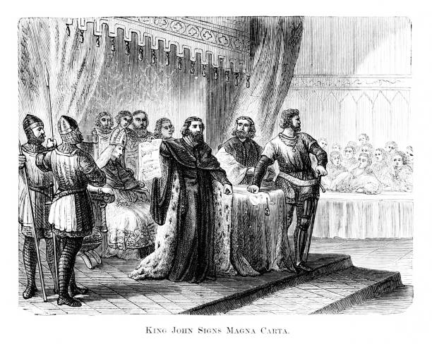 King John Sign Magna Carta, Runnymede, England, 13th Century British History The Magna Carta, which established the rule of law, was signed by English King John in 1215. Engraving published 1882. Original edition is from my own archives. Copyright has expired and is in Public Domain. magna carta stock illustrations