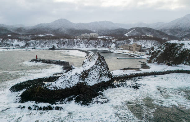 A high-angle view along the coastline of the Shiretoko Peninsula of Hokkaido. Wild land full of mountains and wildlife popular with nature lovers and photographers.