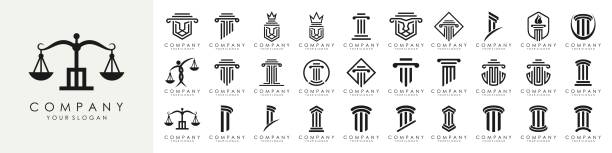 satz von gerechtigkeitsrecht logo-design-vorlage. anwaltslogo mit säule und sternförmiger illustration - griechische kultur stock-grafiken, -clipart, -cartoons und -symbole