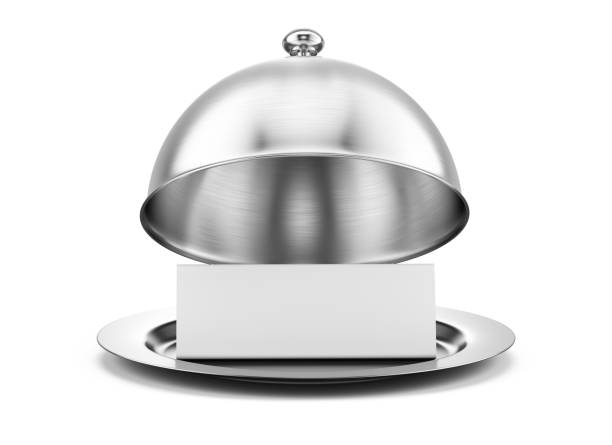 istock Open silver steel serving Cloche with blank paper isolated on a white background. 3d rendering 2200749879