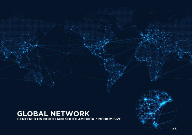 illustrazioni stock, clip art, cartoni animati e icone di tendenza di mappa mondiale dot map e rete digitale globale - america centrale