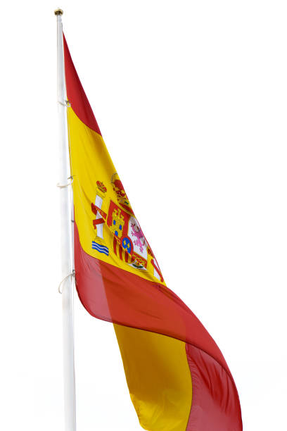 close-up of a flag of spain waving in the wind isolated on white background and copy space