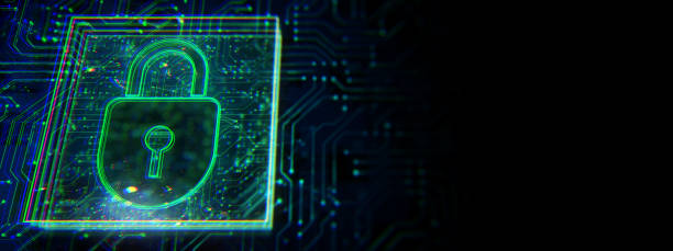 istock Neon digital padlock icon on a futuristic circuit board background. 3D Rendering 2200761978