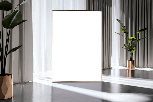 istock Blank poster frame mockup in modern interior with sunlight and shadows. Large empty canvas standing in room with curtains and plants. 3D Rendering 2200762081